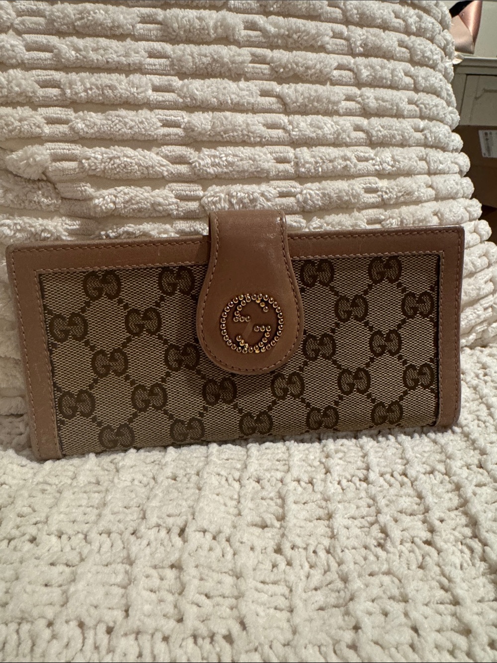 Gucci Beige Brown GG Canvas Continental Wallet with Stud Logo